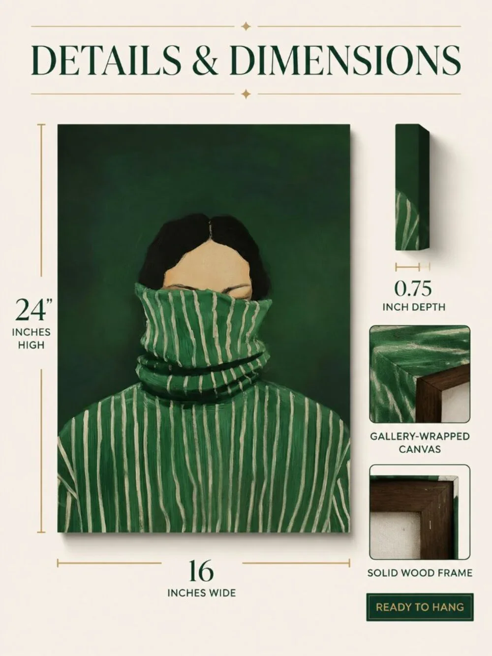 Emerald Green Abstract Woman Canvas Wall Art 16x24 Japandi Portrait
